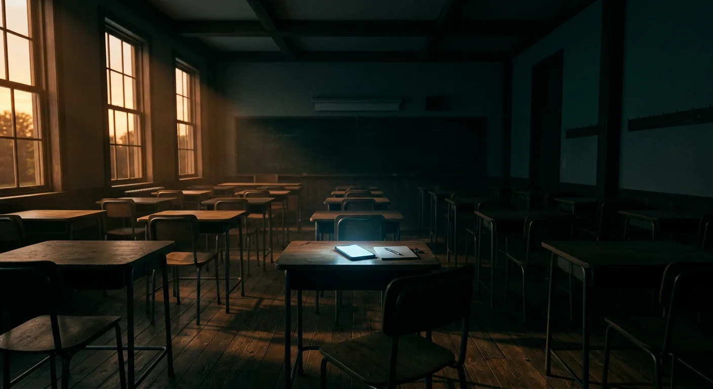 An empty classroom after hours, one desk lit by a phone's glow, sunset light through the windows