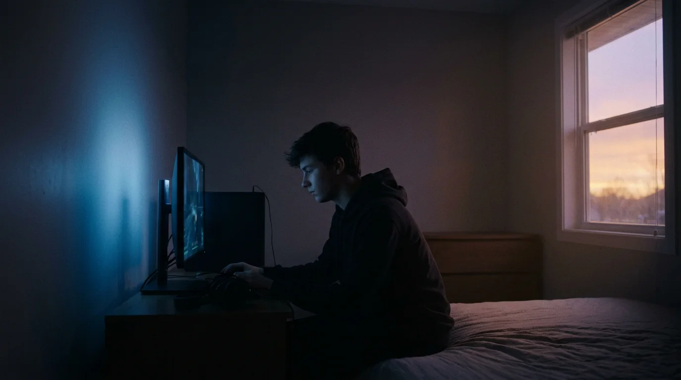 A teenager at a computer in a dark bedroom, cold screen light on one side, sunset through the window on the other